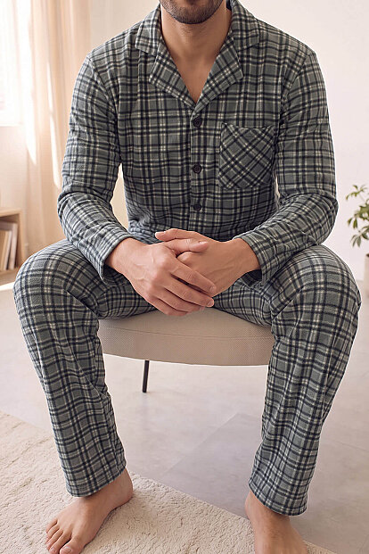 Gri Ekose Desenli Önden Düğmeli Elegant Erkek Pijama Takımı - 5