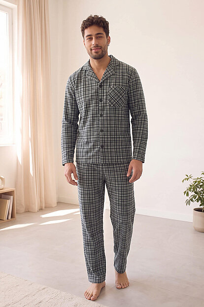 Gri Ekose Desenli Önden Düğmeli Elegant Erkek Pijama Takımı - 6