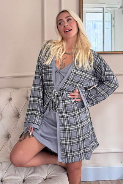 Gri Ekose Desenli Termal Gecelik Sabahlıklı Kadın Pijama Takımı - 6