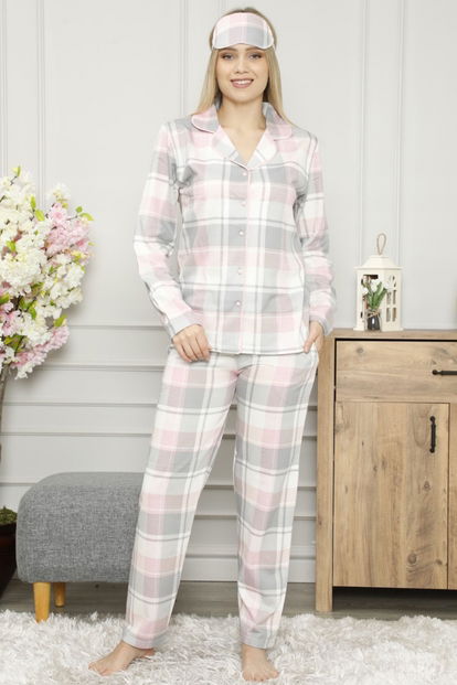 Gri Ekose Önden Düğmeli Uzun Kollu Kadın Pijama Takımı - 2