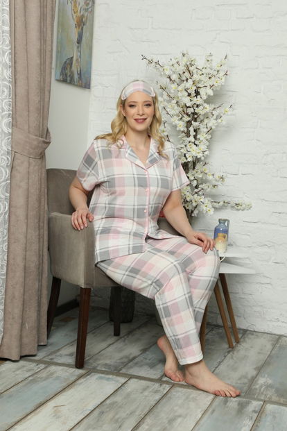 Gri Ekoseli Önden Düğmeli Kısa Kollu Büyük Beden Battal Pijama Takımı - 1