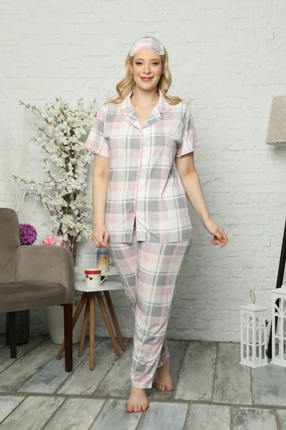 Gri Ekoseli Önden Düğmeli Kısa Kollu Büyük Beden Battal Pijama Takımı - 2