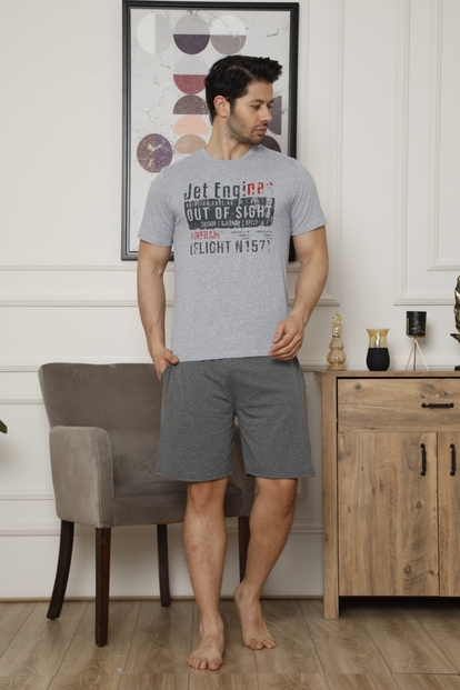 Gri Engines Baskılı Şortlu Kısa Kollu Erkek Pijama Takımı - 1
