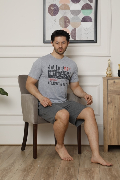 Gri Engines Baskılı Şortlu Kısa Kollu Erkek Pijama Takımı - 2