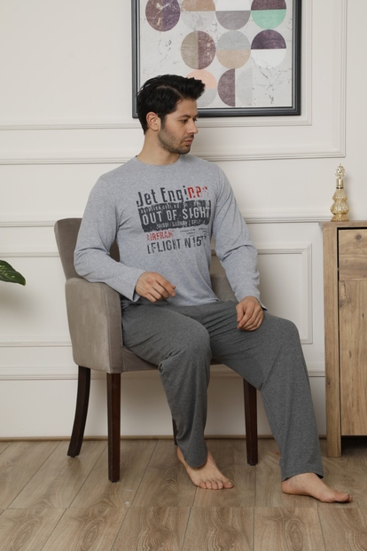 Gri Engines Baskılı Uzun Kollu Erkek Pijama Takımı - 1