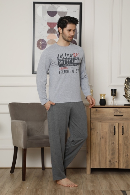 Gri Engines Baskılı Uzun Kollu Erkek Pijama Takımı - 2