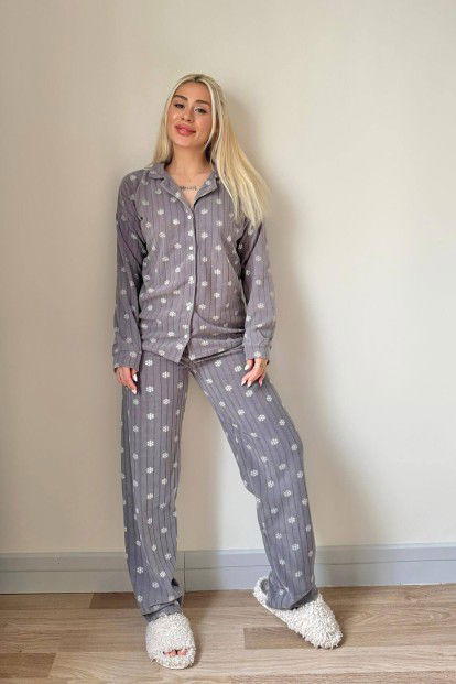 Gri Flocon Desenli Önden Düğmeli Peluş Polar Pijama Takımı - 6