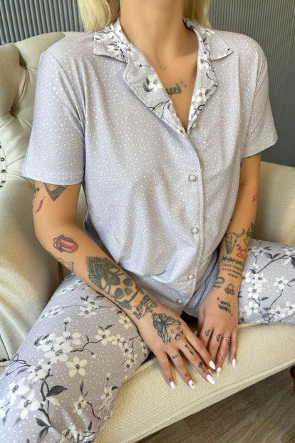 Gri Florado Exclusive Önden Düğmeli Kısa Kollu Kadın Pijama Takımı - 6