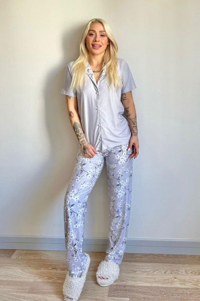 Gri Florado Exclusive Önden Düğmeli Kısa Kollu Kadın Pijama Takımı - 7