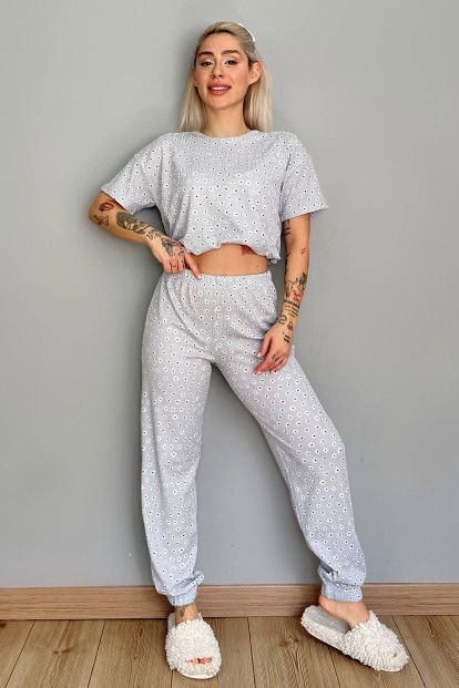 Gri Flowers Desenli Örme Crop Kısa Kol Kadın Pijama Takımı - 5