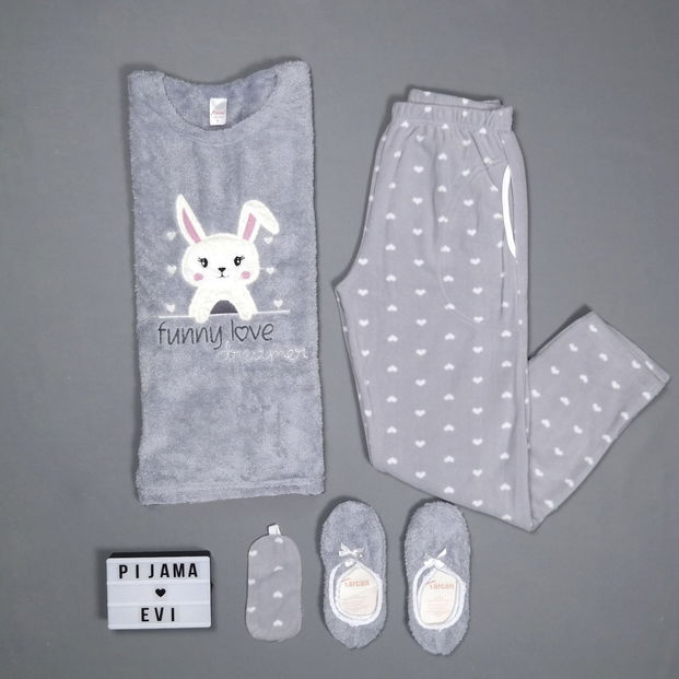 Gri Funny Love Desenli Kadın Peluş Pijama Takımı - 2