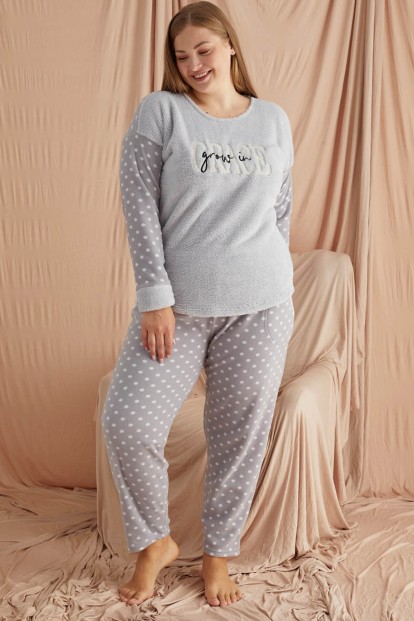 Gri Grace Desenli Büyük Beden Battal Peluş Pijama Takımı - 1