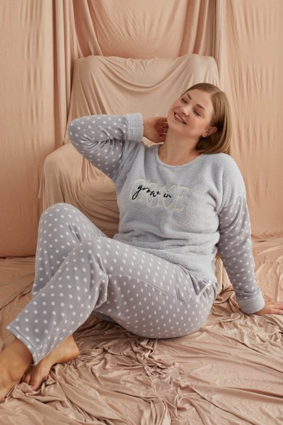 Gri Grace Desenli Büyük Beden Battal Peluş Pijama Takımı - 2