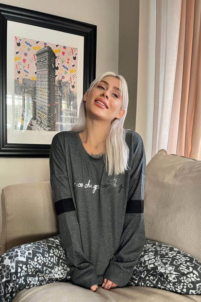 Gri Grace Desenli Yumoş Örme Pijama Takımı - 2