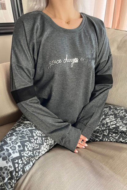 Gri Grace Desenli Yumoş Örme Pijama Takımı - 4