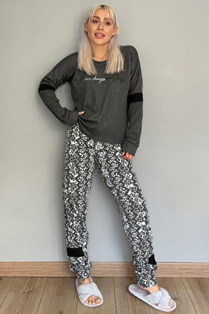 Gri Grace Desenli Yumoş Örme Pijama Takımı - 5