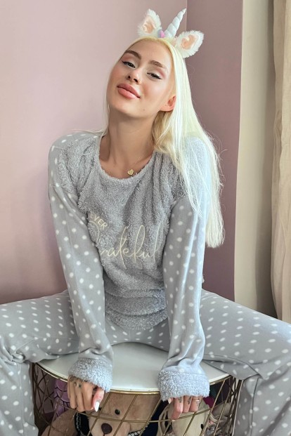 Gri Grateful Desenli Kadın Peluş Pijama Takımı - 1