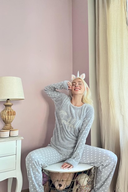 Gri Grateful Desenli Kadın Peluş Pijama Takımı - 2