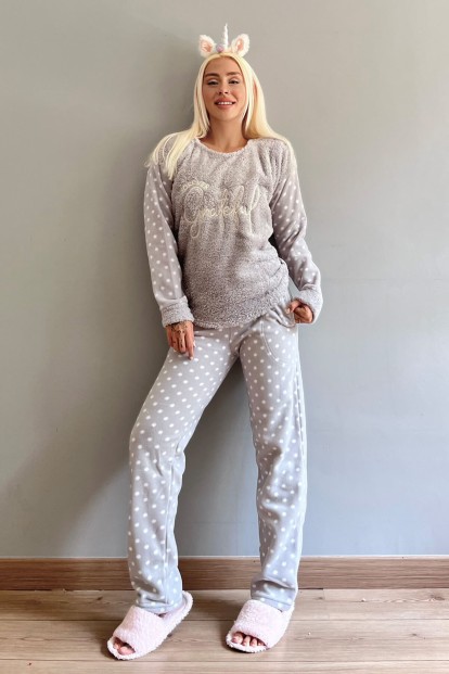 Gri Grateful Desenli Kadın Peluş Pijama Takımı - 4