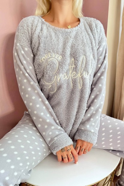 Gri Grateful Desenli Kadın Peluş Pijama Takımı - 5