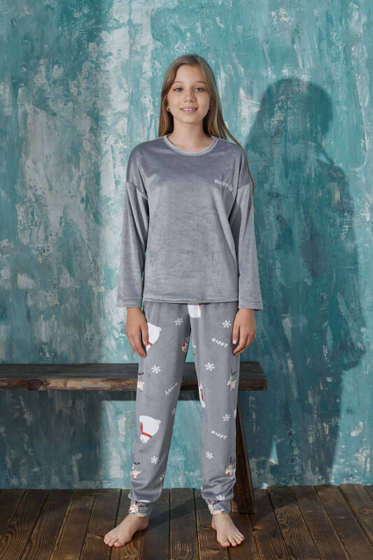 Gri Happy Desenli Exclusive Kadife Kız Çocuk Pijama Takımı  - Pijamaevi (2)