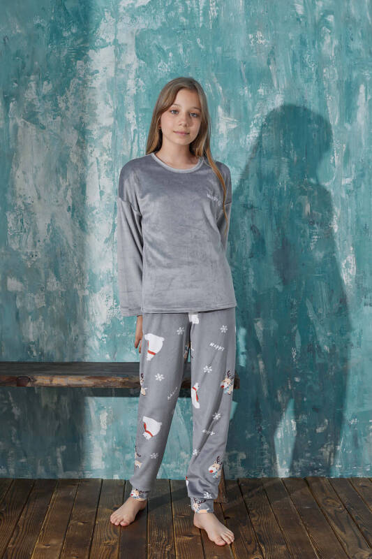 Gri Happy Desenli Exclusive Kadife Kız Çocuk Pijama Takımı  - Pijamaevi (3)