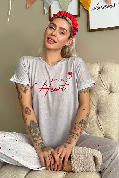 Gri Heart Baskılı Örme Kısa Kollu Kadın Pijama Takımı - 1