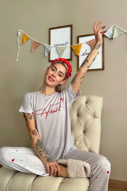 Gri Heart Baskılı Örme Kısa Kollu Kadın Pijama Takımı - 3