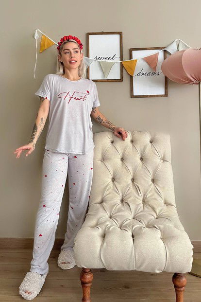 Gri Heart Baskılı Örme Kısa Kollu Kadın Pijama Takımı - 5
