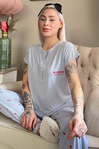 Gri İnspiration Baskılı Örme Patlı Kısa Kollu Kadın Pijama Takım - 1