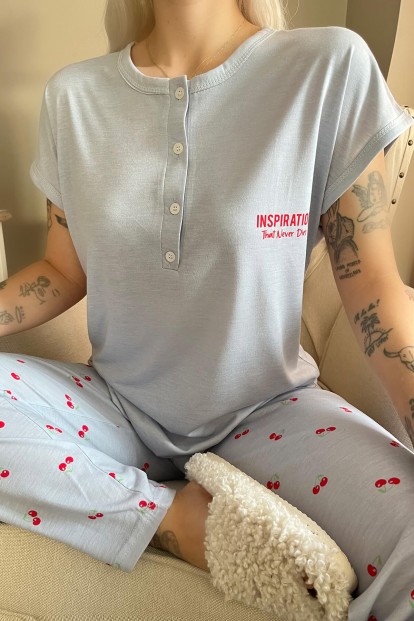 Gri İnspiration Baskılı Örme Patlı Kısa Kollu Kadın Pijama Takım - 4