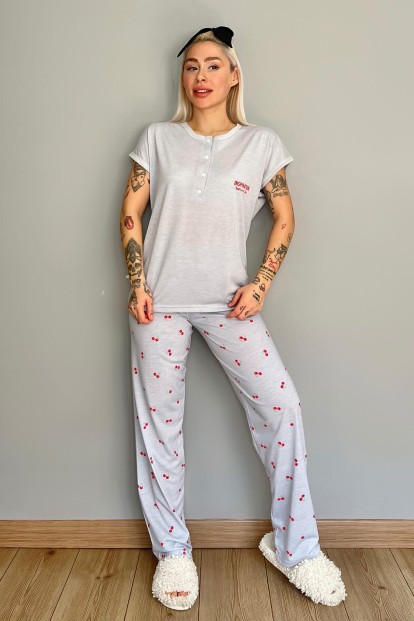 Gri İnspiration Baskılı Örme Patlı Kısa Kollu Kadın Pijama Takım - 5
