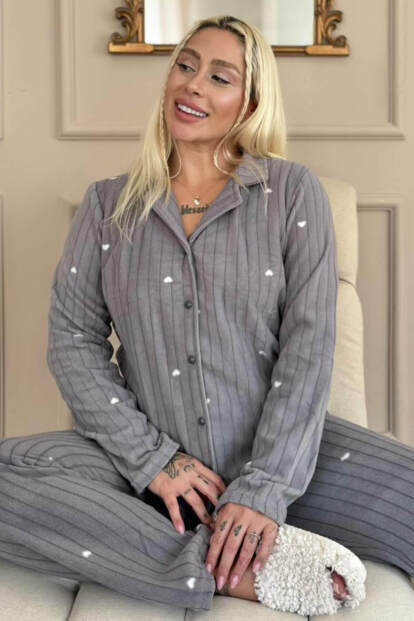 Gri Jantung Desenli Önden Düğmeli Peluş Polar Pijama Takımı - 7
