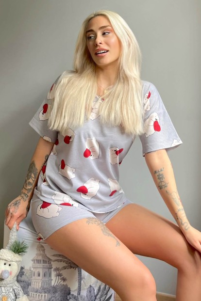 Gri Kalp Bear Baskılı Şortlu Kadın Pijama Takımı - 1