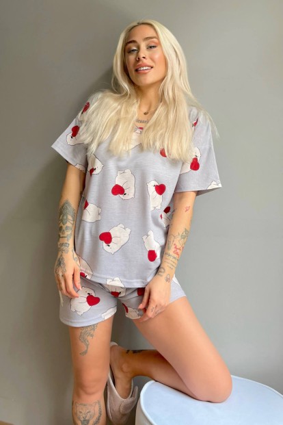 Gri Kalp Bear Baskılı Şortlu Kadın Pijama Takımı - 2