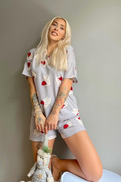 Gri Kalp Bear Baskılı Şortlu Kadın Pijama Takımı - 3