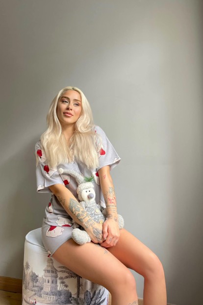 Gri Kalp Bear Baskılı Şortlu Kadın Pijama Takımı - 4