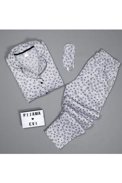 Gri Kalp Desenli Kadın Önden Düğmeli Yumoş Peluş Pijama Takımı - 2