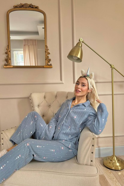 Gri Kalp Desenli Önden Düğmeli Peluş Polar Pijama Takımı - 3