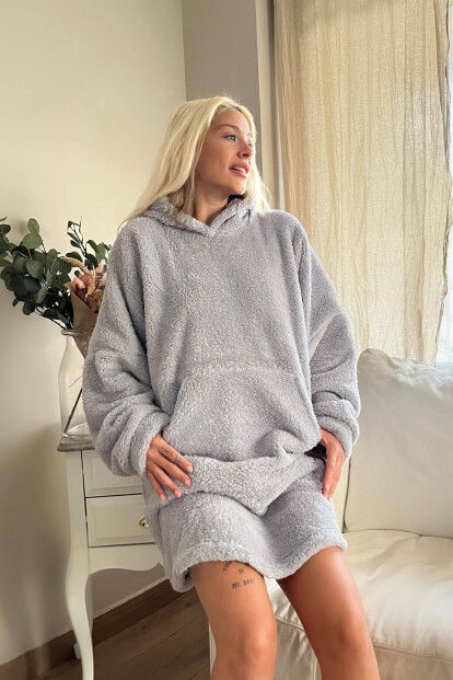 Gri Kapşonlu Tam Peluş Oversize Sweat Panço Pijama - 2