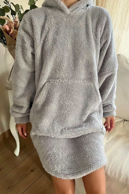 Gri Kapşonlu Tam Peluş Oversize Sweat Panço Pijama - Pijamaevi (2)