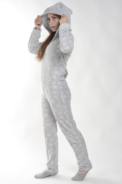 Gri Kartanesi Desenli Kadın Polar Peluş Tulum Pijama Takımı - 2