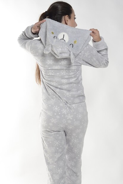 Gri Kartanesi Desenli Kadın Polar Peluş Tulum Pijama Takımı - 3