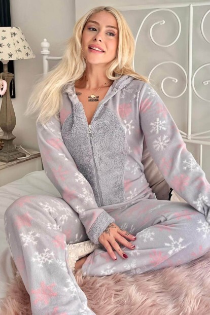 Gri Kartanesi Desenli Kadın Polar Peluş Tulum Pijama - 6
