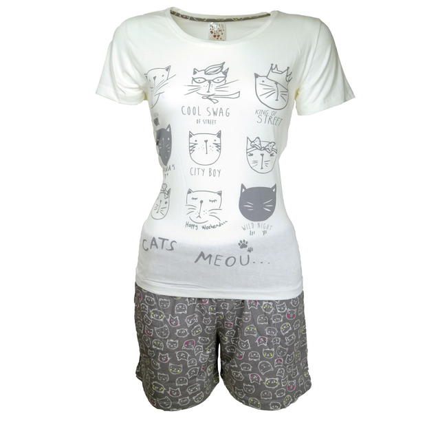 Gri Kedi Desenli Bayan Şortlu Pijama Takımı - 1