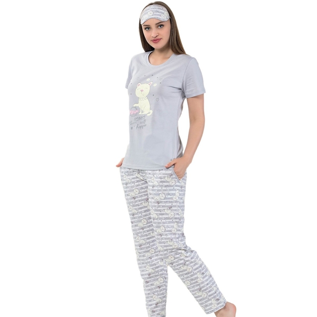 Gri Kedi Desenli Kısa Kollu Pijama Kadın Takımı - 1