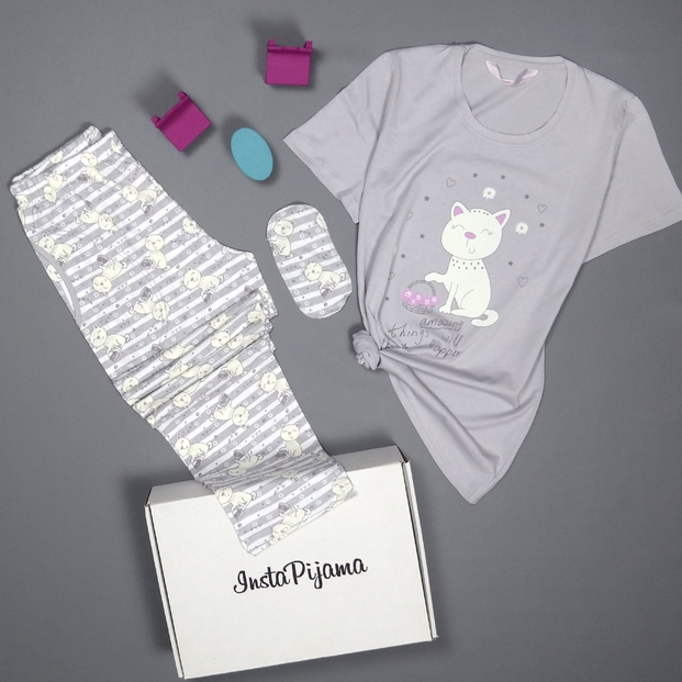 Gri Kedi Desenli Kısa Kollu Pijama Kadın Takımı - 2