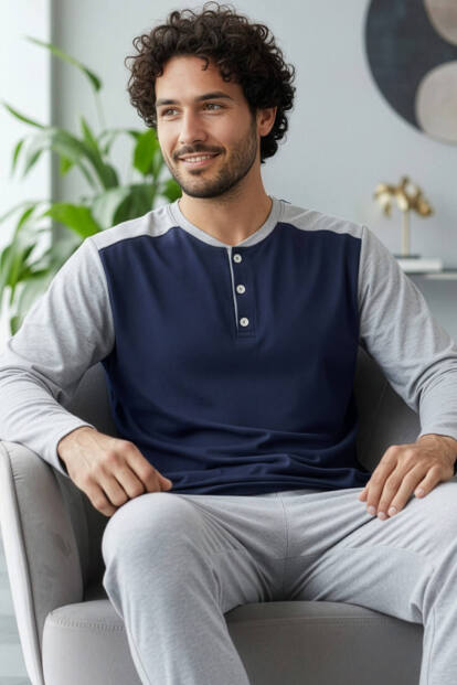 Gri Lacivert Stylish Erkek Uzun Kol Pijama Takımı - 1