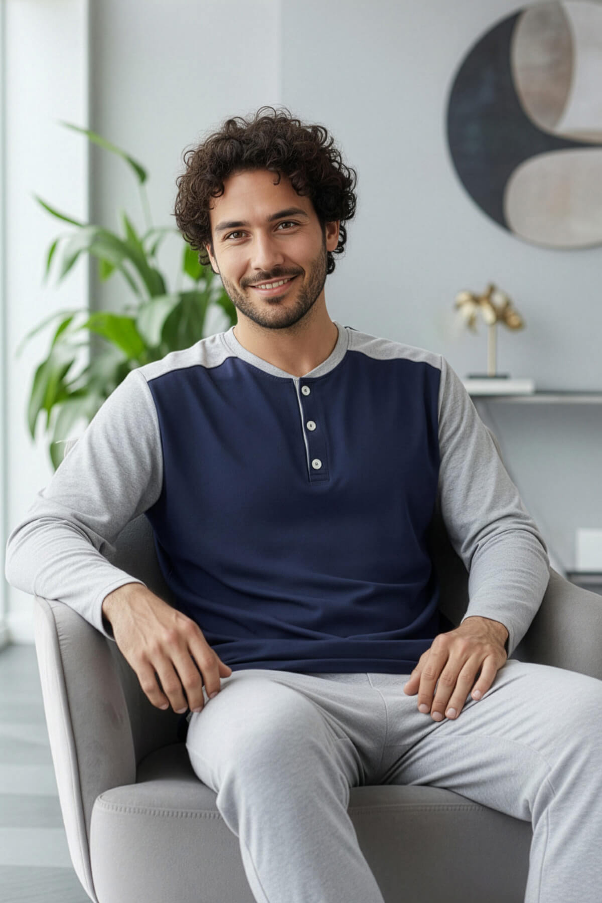 Gri Lacivert Stylish Erkek Uzun Kol Pijama Takımı - Pijamaevi (1)