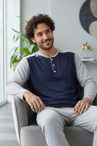 Gri Lacivert Stylish Erkek Uzun Kol Pijama Takımı - 3